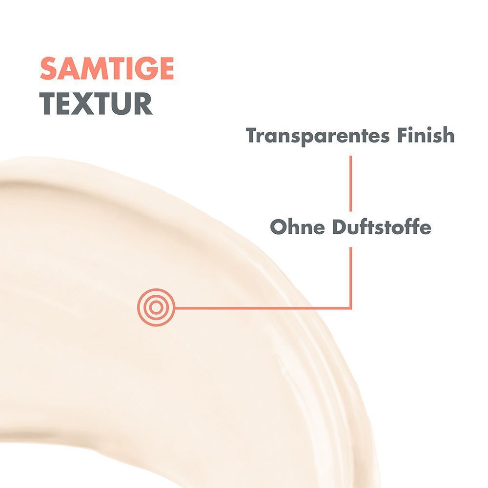 Nahaufnahme der AVENE Sonnencreme SPF 50+ ohne Duftstoffe. Text: Samtige Textur, transparentes Finish, ohne Duftstoffe.