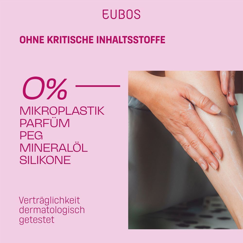 Bein mit Creme. Text: 0% Mikroplastik, Parfum, PEG, Mineralöl, Silikone. Rosa Hintergrund.