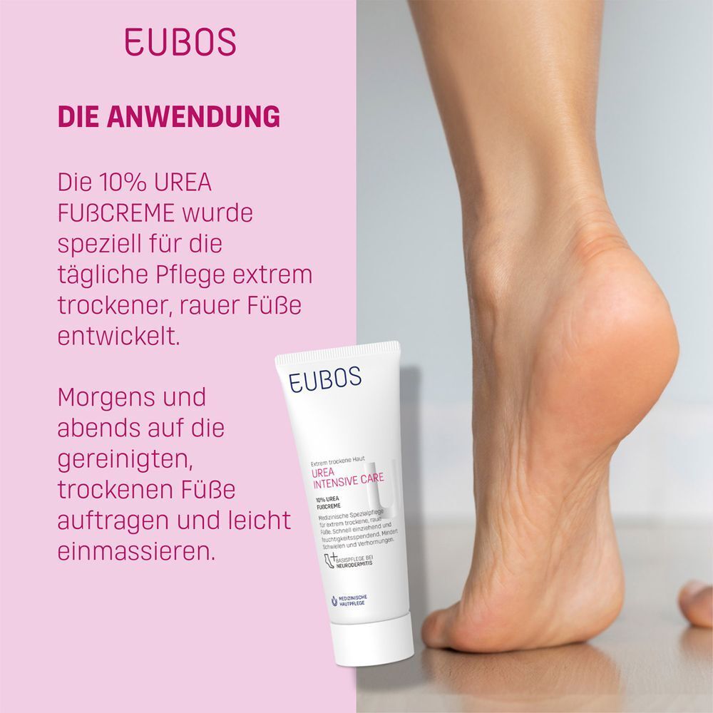 Fuß mit Creme. EUBOS Urea Fußcreme Tube. Text: Für die tägliche Pflege trockener Füße.