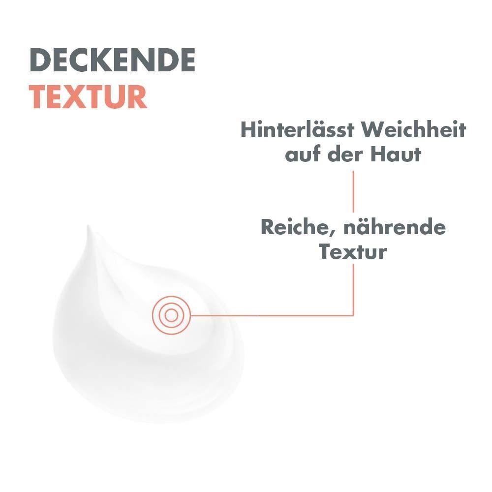 Nahaufnahme der Textur der AVENE Feuchtigkeitsmaske. Text: Deckende Textur, Hinterlässt Weichheit auf der Haut, Reiche, nährende Textur.