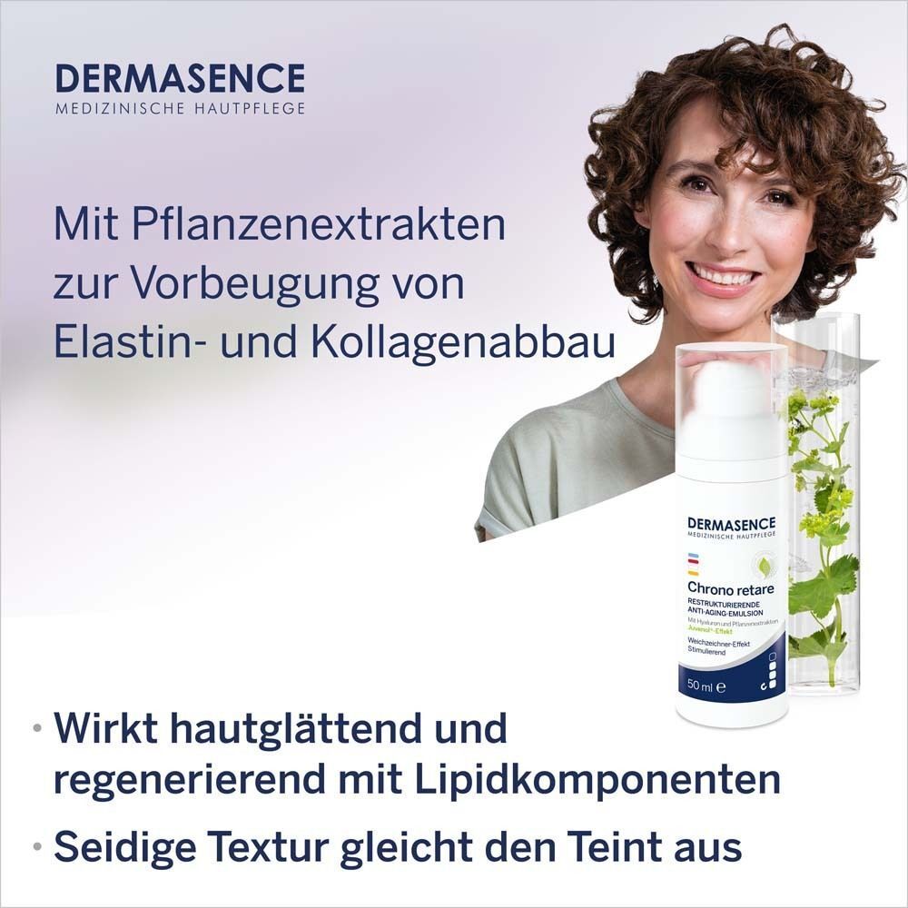 Frau mit DERMASENCE Chrono retare Anti-Aging-Emulsion und grünen Blättern. Text: Wirkt hautglättend und regenerierend.