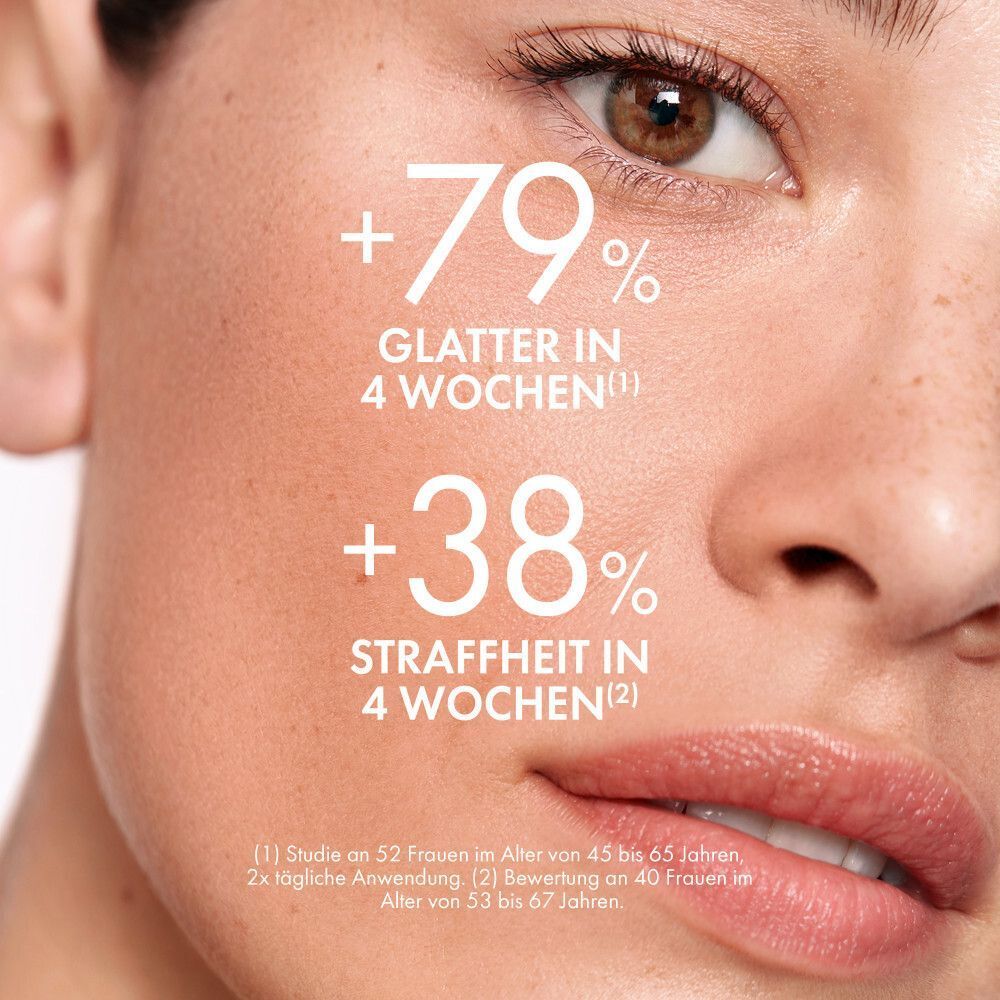 Nahaufnahme eines Gesichts. Text: +79% Glatter in 4 Wochen. +38% Straffheit in 4 Wochen. Text: Studie an 52 Frauen.