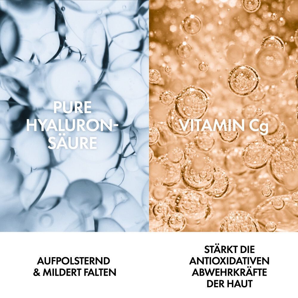 Zwei Bereiche mit Inhaltsstoffen: Pure Hyaluronsäure und Vitamin Cg. Text: Aufpolsternd & mildert Falten. Stärkt die antioxidativen Abwehrkräfte.