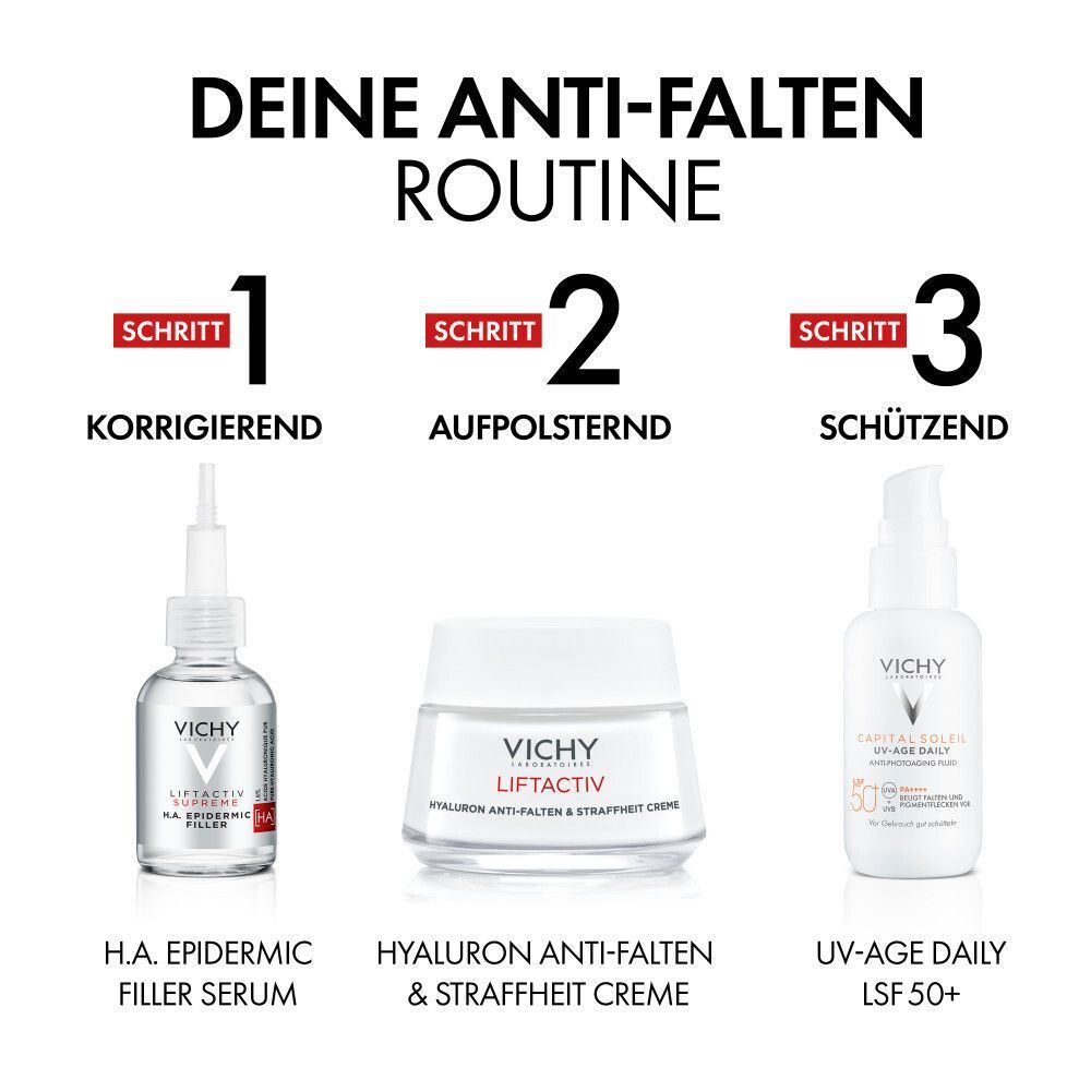 Drei Produkte: H.A. Epidermic Filler Serum, VICHY LIFTACTIV Creme, UV-Age Daily LSF 50+. Text: Deine Anti-Falten Routine.