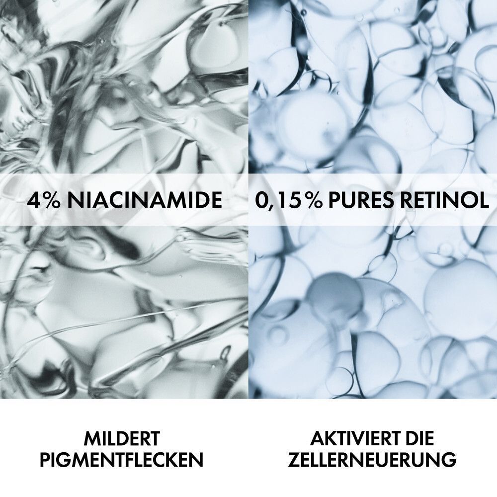 Nahaufnahme von Flüssigkeiten. 4% Niacinamid und 0,15% pures Retinol. Text: Mildert Pigmentflecken, Aktiviert die Zellerneuerung.