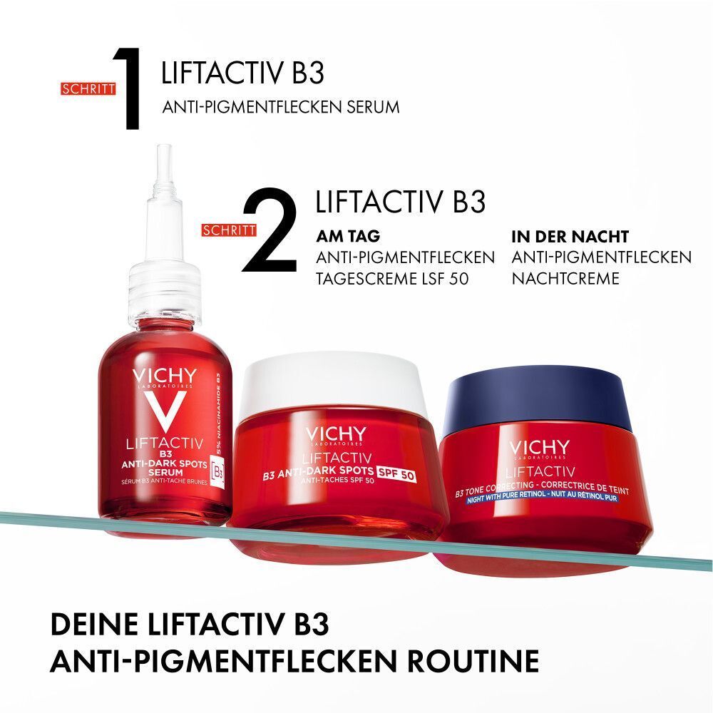 Drei Produkte: Serum, Tagescreme, Nachtcreme. Aufschrift: LIFTACTIV B3 Anti-Pigmentflecken. Deine LIFTACTIV B3 Anti-Pigmentflecken Routine.