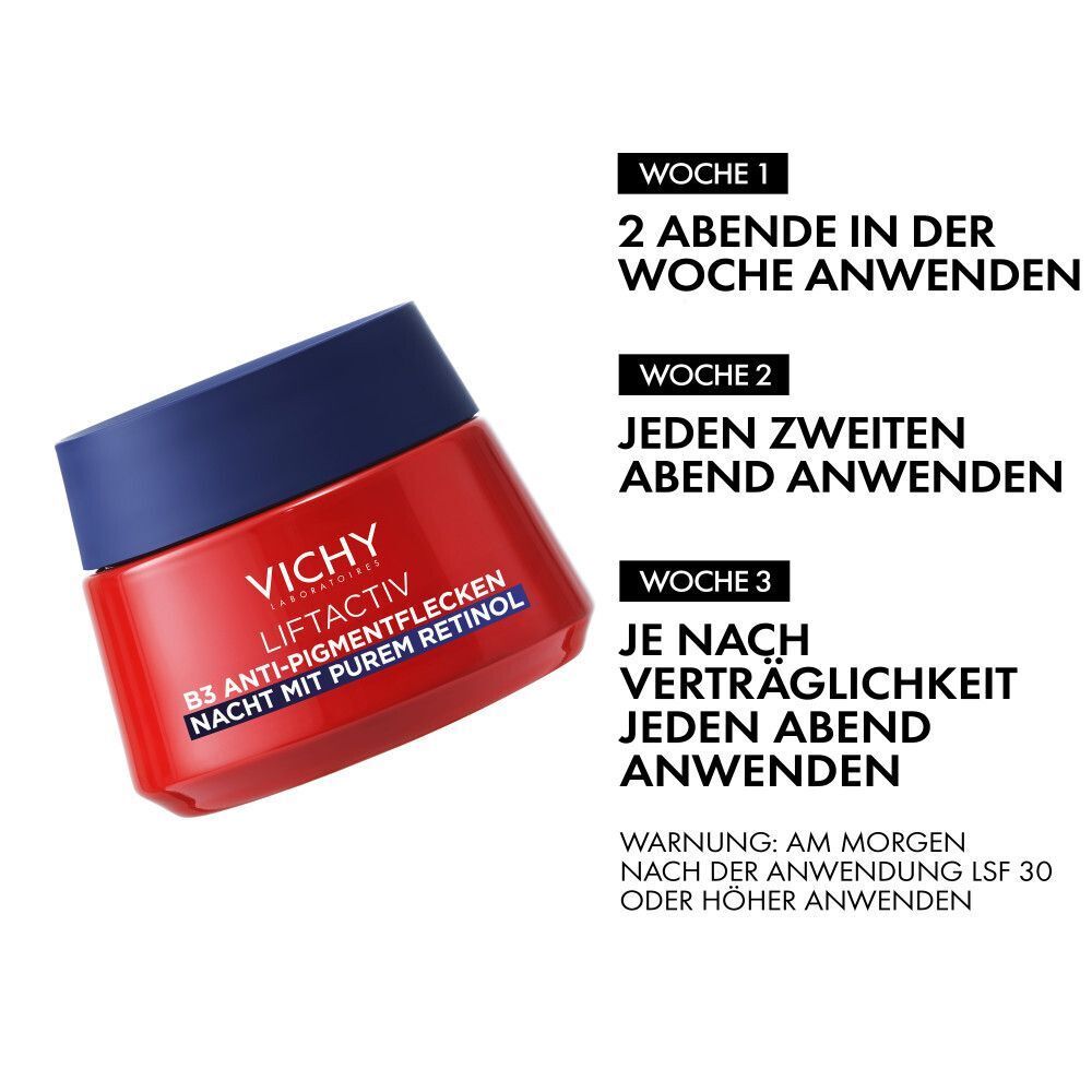 Nachtcreme. Aufschrift: LIFTACTIV B3 Anti-Pigmentflecken Nacht mit purem Retinol. Anwendung: Woche 1, 2 Abende. Woche 2, jeden 2. Abend.