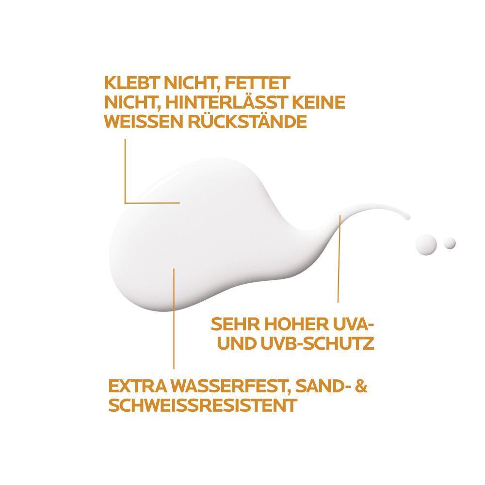 Weißer Tropfen mit Text: Klebt nicht, fettet nicht, hinterlässt keine weißen Rückstände. Sehr hoher UVA- und UVB-Schutz.