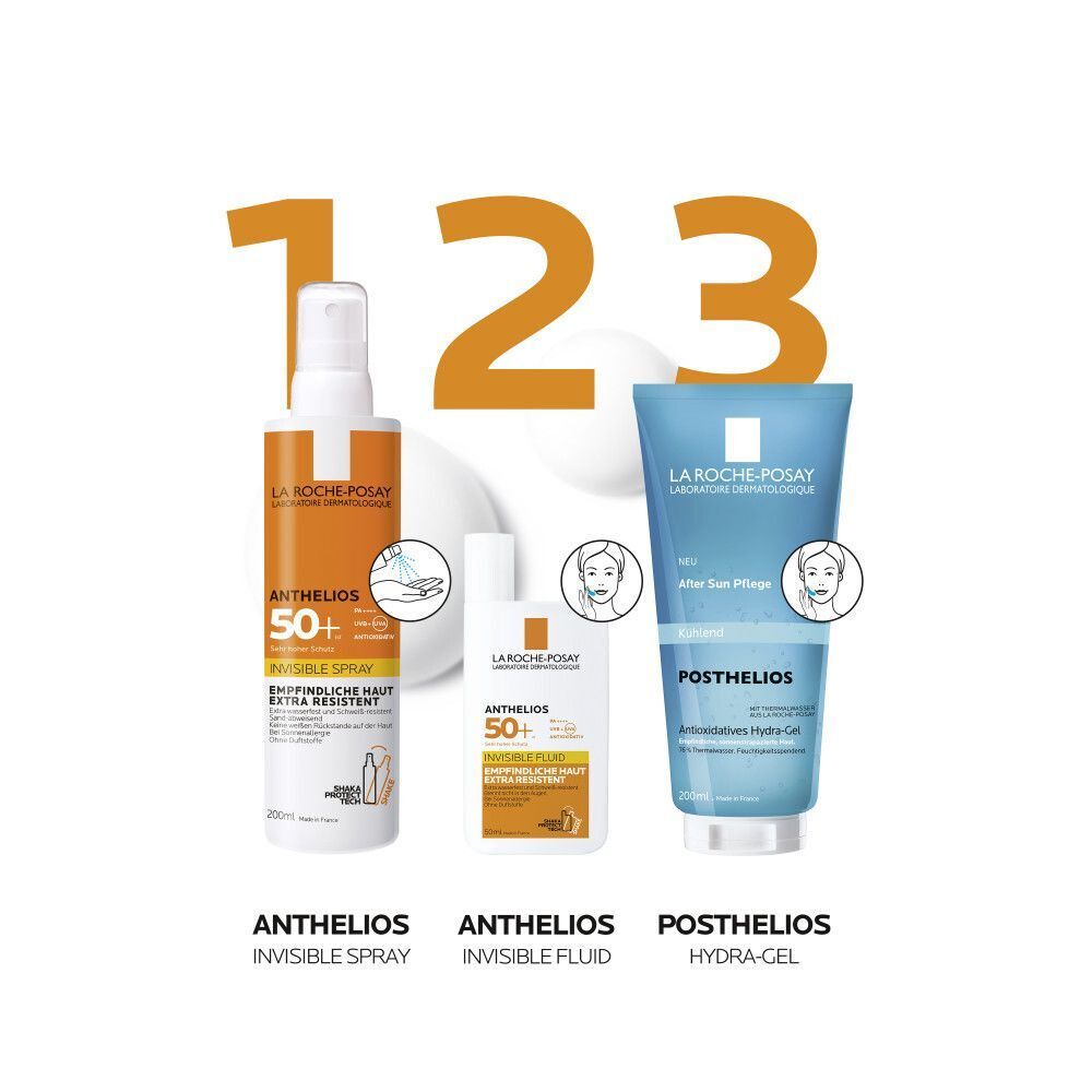 Drei Produkte: Anthelios Invisible Spray, Anthelios Invisible Fluid, Posthelios Hydra-Gel. Beschriftung und Nummerierung.