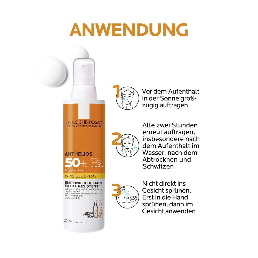 Anwendungshinweise für Anthelios 50+ Invisible Spray. Nummerierte Schritte mit Illustrationen. Text auf Deutsch.
