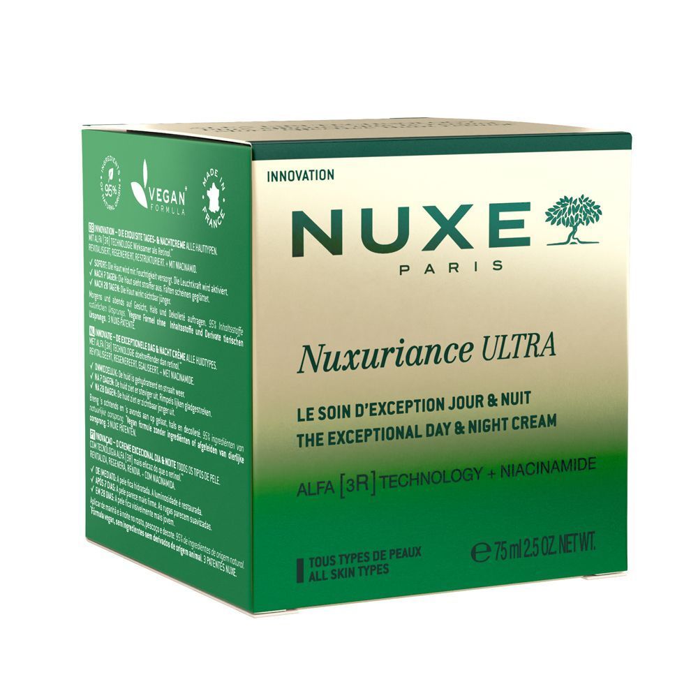 Grüner Karton mit NUXE Nuxuriance Ultra. Text: Nuxuriance Ultra, Le soin d'exception jour & nuit. Vegan-Logo. 75 ml.