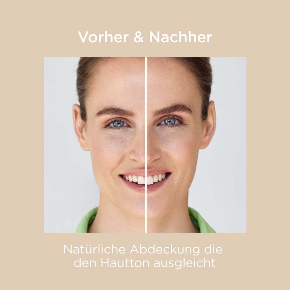 Vorher-Nachher-Vergleich. Text: Natürliche Abdeckung, die den Hautton ausgleicht.