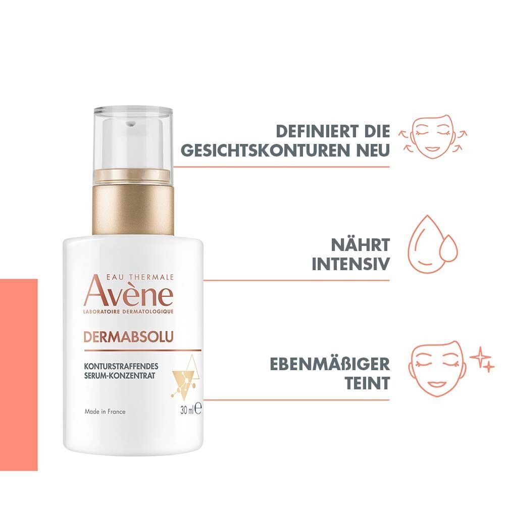 Eine weiße Flasche mit goldfarbenem Deckel. Aufschrift: Eau Thermale Avène, DermAbsolu Serum-Konzentrat, 30 ml. Text: Definiert die Gesichtskonturen neu.