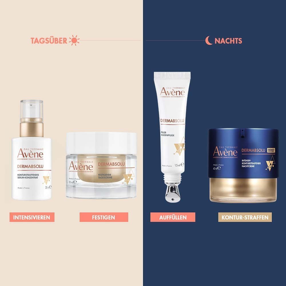Produkte für Tag und Nacht: DermAbsolu Serum-Konzentrat, DermAbsolu Tag Festigende Creme, DermAbsolu Augen Filler Augenpflege, DermAbsolu Nacht.