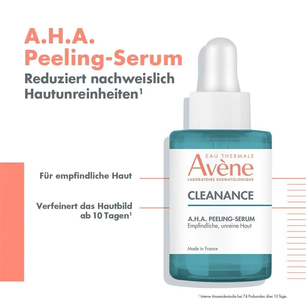 AVENE Cleanance A.H.A Peeling-Serum Flasche. Türkisblau, weißer Deckel und Pipette. Text: Reduziert nachweislich Hautunreinheiten. Für empfindliche Haut.