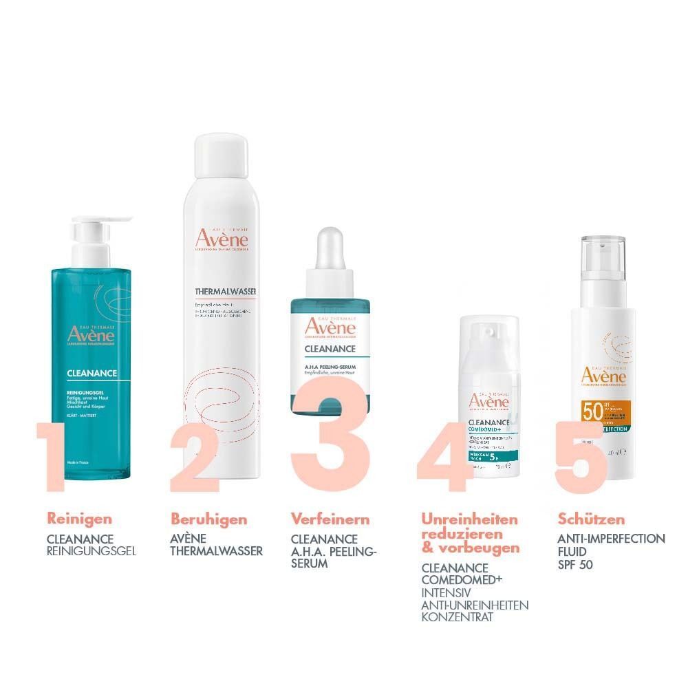Fünf AVENE Produkte. 1: Reinigungs-Gel. 2: Thermalwasser. 3: A.H.A Peeling-Serum. 4: Intensiv Konzentrat. 5: Anti-Imperfektion Fluid SPF 50.