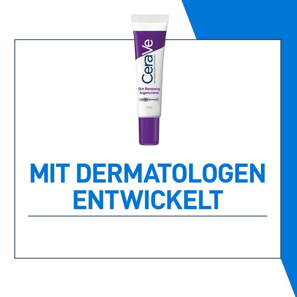 Tube CeraVe Skin renewing Augencreme. Text: Mit Dermatologen entwickelt. Weißes Tube mit lila Akzenten.