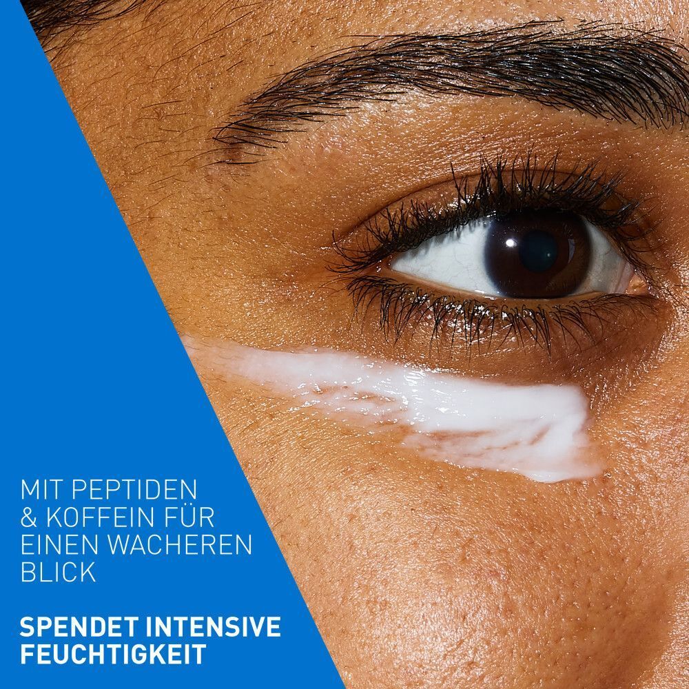 Auge mit aufgetragener Creme. Text: Mit Peptiden & Koffein für einen wacheren Blick. Spendet intensive Feuchtigkeit.