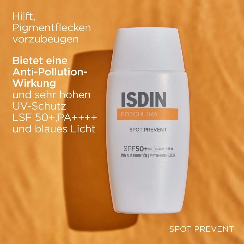 Weiße Flasche ISDIN FotoUltra Spot Prevent Fusion Fluid 2x. Text: UV-Schutz, LSF 50+, PA++++ und blaues Licht.
