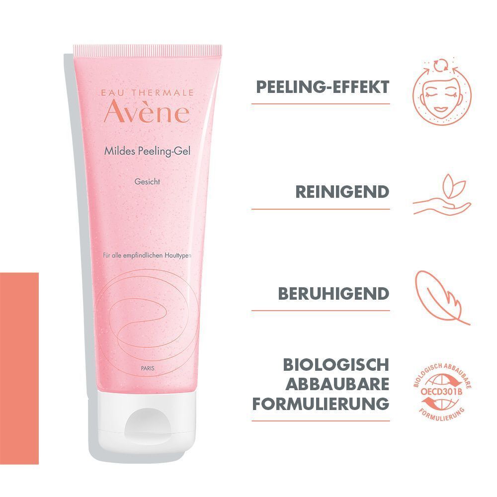 Rosa Tube AVENE mildes Peeling Gel. Text und Produktname. Illustrationen: Peeling-Effekt, reinigend, beruhigend, biologisch abbaubar.