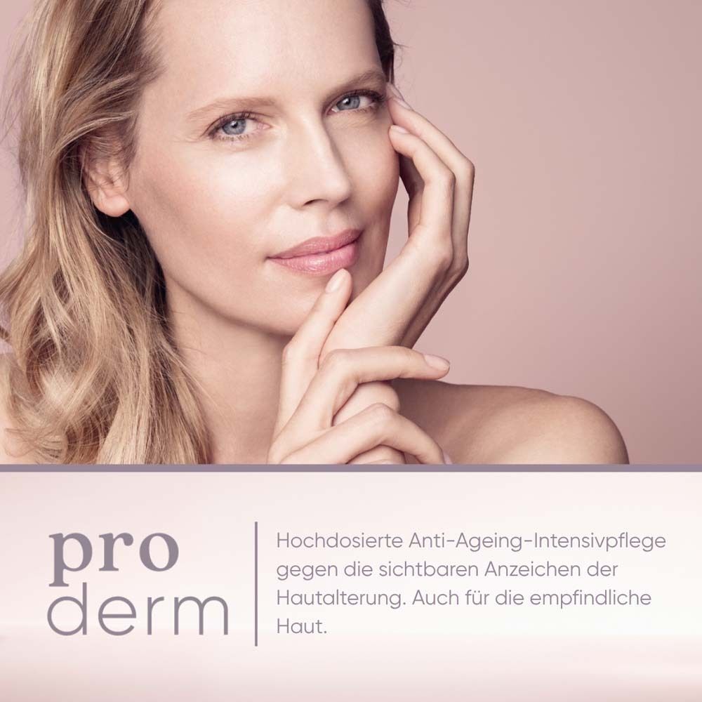 Frau berührt ihr Gesicht. Text: pro derm, Anti-Ageing Intensive. Hochdosierte Anti-Ageing-Intensivpflege.