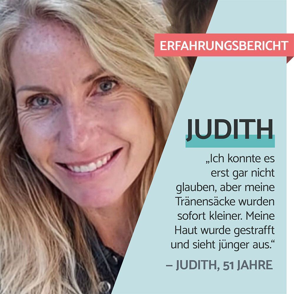 Porträt einer Frau. Text: Erfahrungsbericht. Zitat: Tränensäcke wurden sofort kleiner. Haut sieht jünger aus.