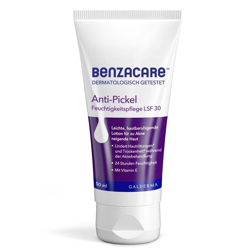 Tube BENZACARE™ Anti-Pickel Feuchtigkeitspflege LSF 30. Weiß, mit lila Akzenten. Aufschrift: Anti-Pickel, Feuchtigkeitspflege LSF 30.