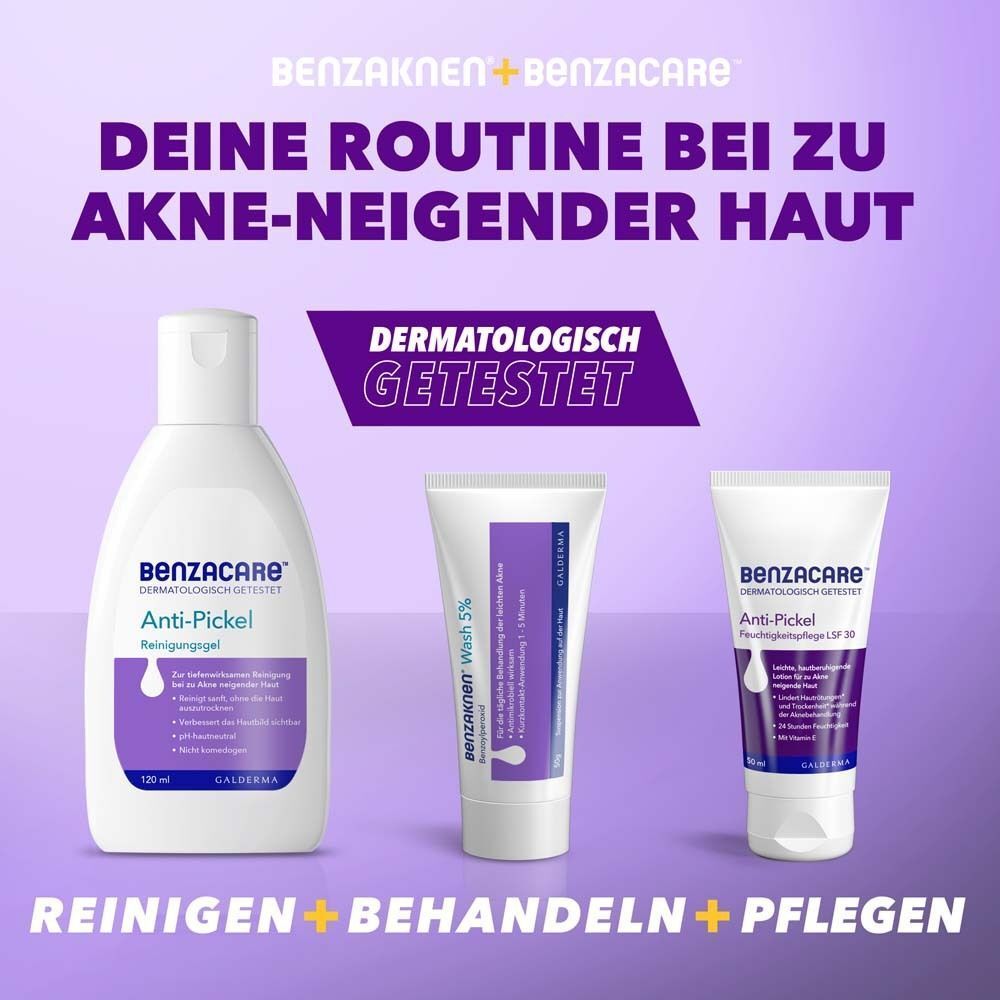 Drei BENZACARE™ Produkte: Reinigungsgel, Wash 5% und Anti-Pickel Feuchtigkeitspflege LSF 30. Alle mit Aufschrift BENZACARE™.