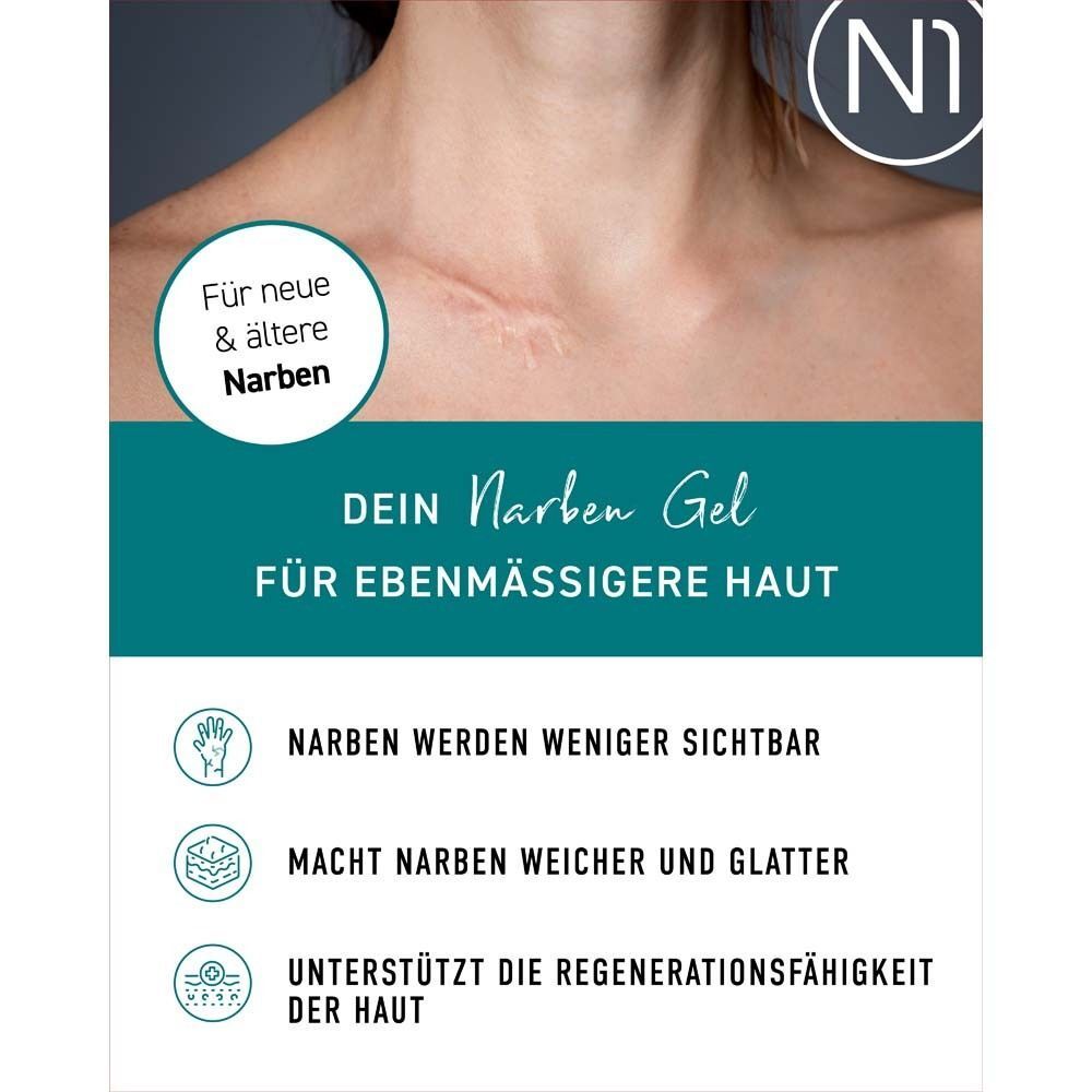 N1 Narben Gel – zur Behandlung & Reduktion von Narben (Akne-, OP- & Brandnarben), Silizium-Gel verbessert Hautbild & glättet sichtbar, Nabensalbe, Narbencreme