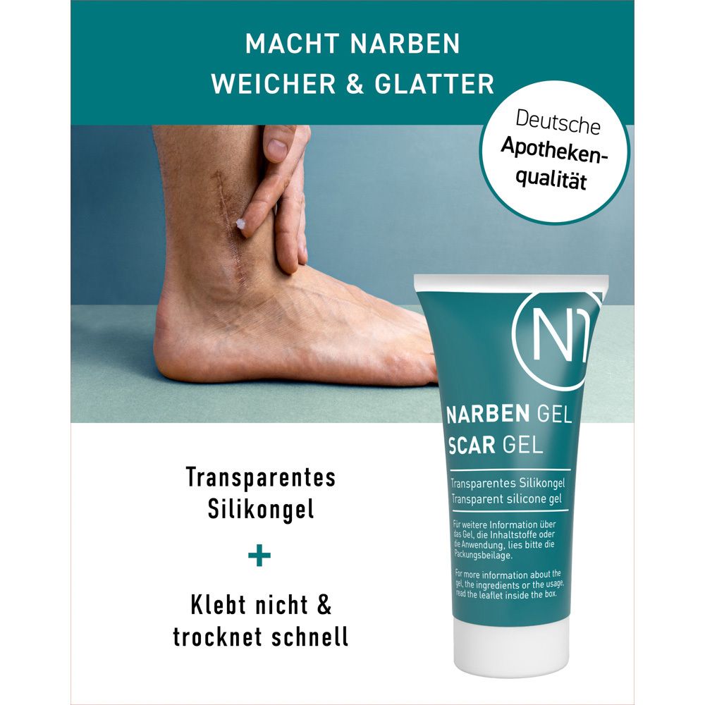 Werbefläche mit Bildern von Narben durch Verbrennungen, Akne, Verletzungen und Operationen. N1 Logo.