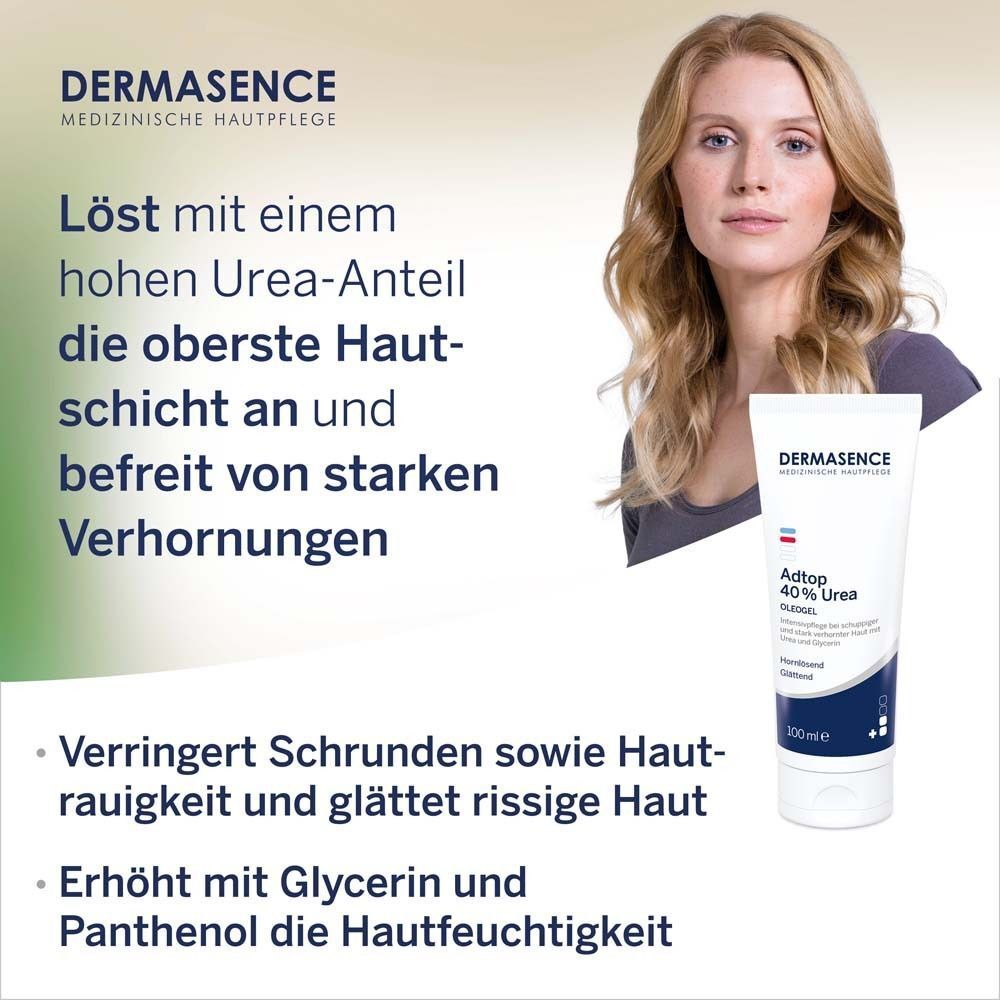 Frau mit DERMASENCE Adtop 40% Urea Oleogel Tube. Text: Löst mit hohem Urea-Anteil die oberste Hautschicht an.