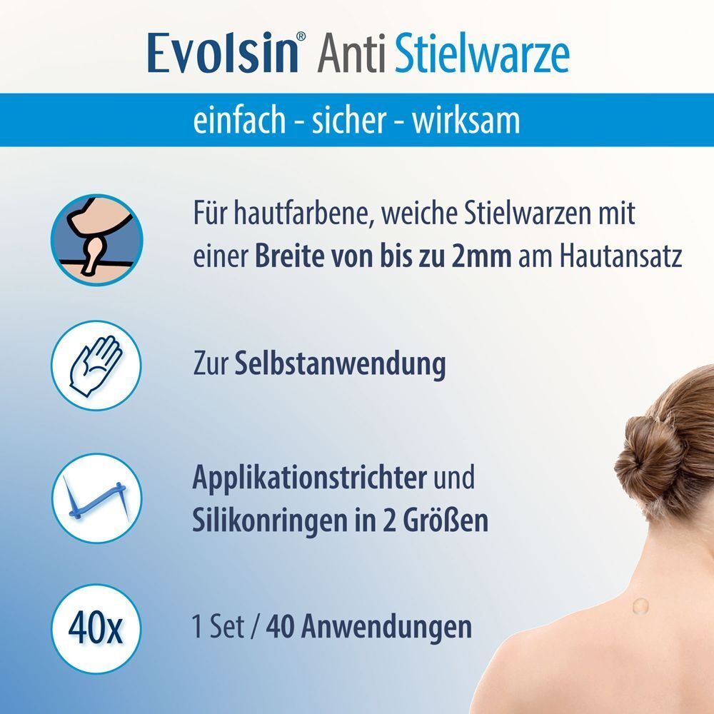 Textinformationen zu Evolsin Anti Stielwarze. Geeignet für Stielwarzen bis 2mm am Hautansatz. Zur Selbstanwendung.