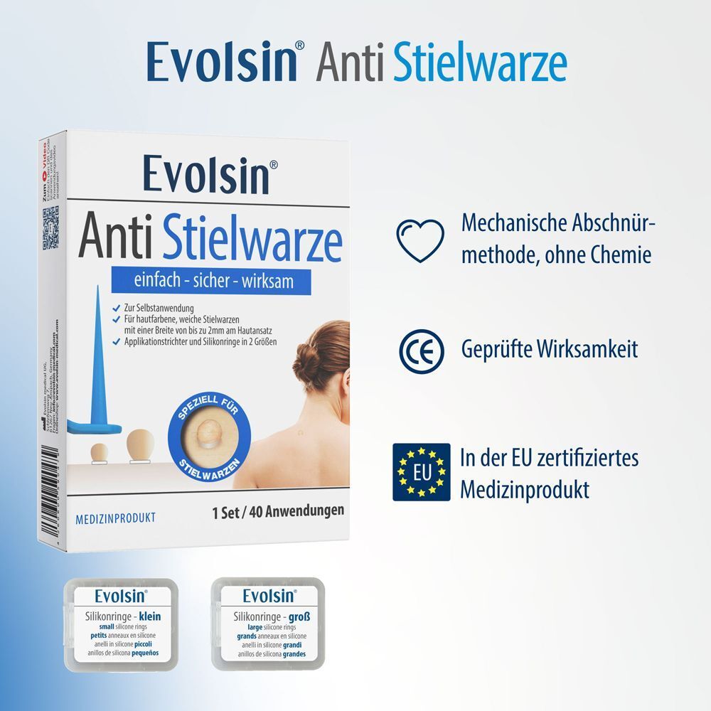 Packung Evolsin Anti Stielwarze. Medizinprodukt. Mit CE-Kennzeichnung und EU-Zertifizierung.