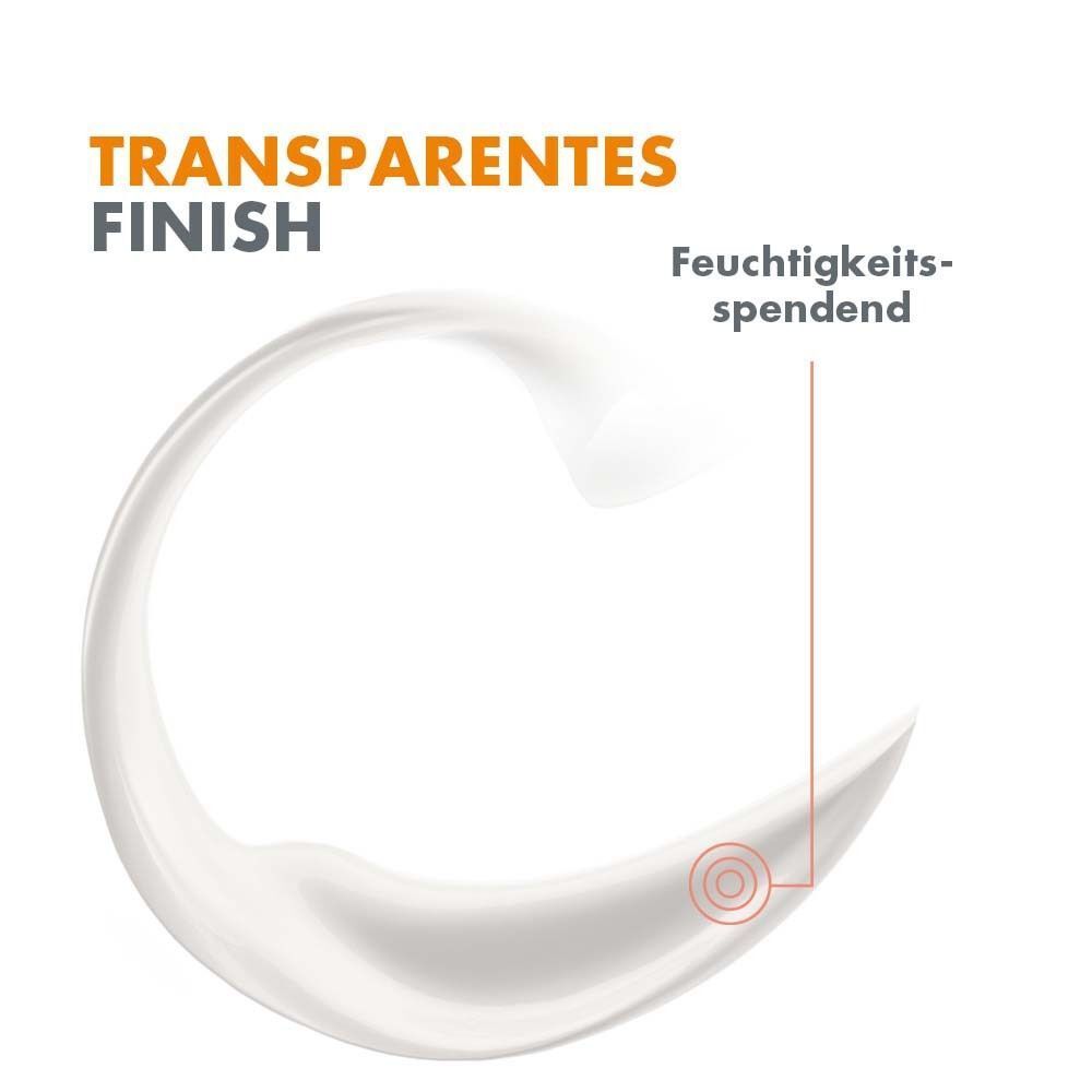 Nahaufnahme einer weißen Creme. Text: Transparentes Finish, feuchtigkeitsspendend.