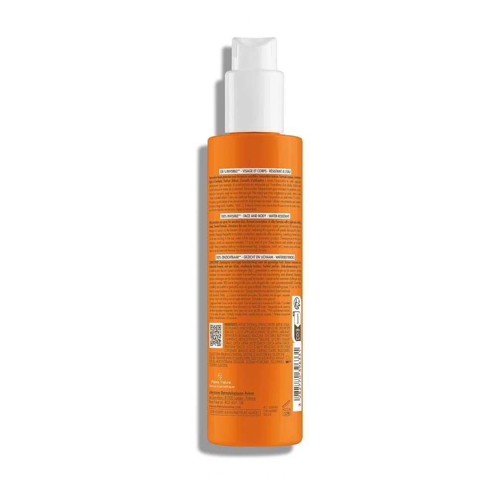 Rückseite der AVENE Sonnenspray SPF 50 Flasche. Text auf Deutsch und Französisch.