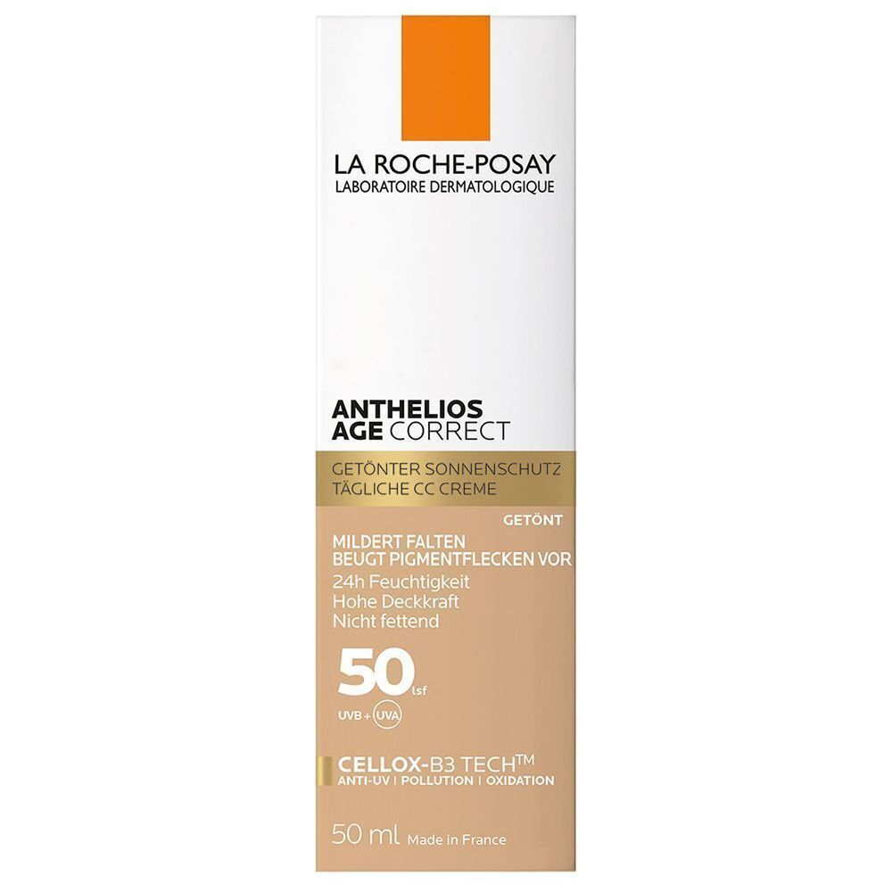 ROCHE-POSAY Anthelios Age Correct getönte CC Creme, LSF 50. Aufschrift: Mildert Falten, beugt Pigmentflecken vor, 24h Feuchtigkeit.
