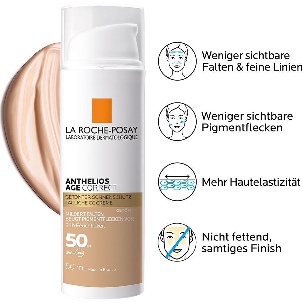 ROCHE-POSAY Anthelios Age Correct getönte CC Creme, LSF 50. Vorteile: Weniger Falten, Pigmentflecken, mehr Hautelastizität.
