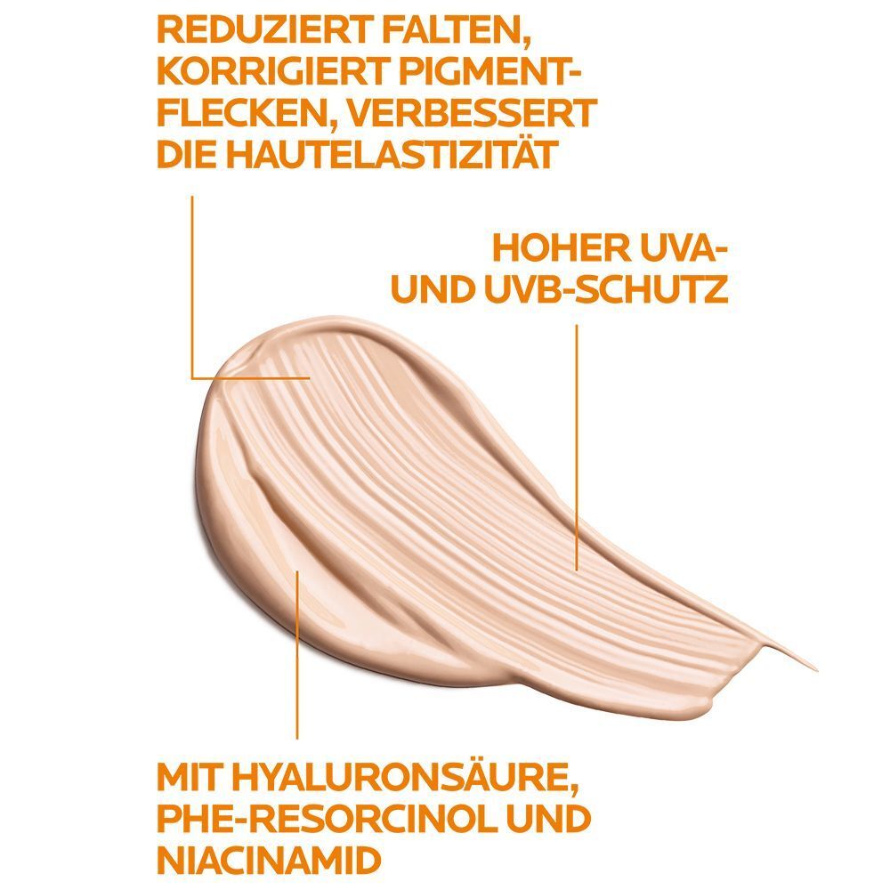 Grafische Darstellung der Vorteile von Anthelios Age Correct: Reduziert Falten, korrigiert Pigmentflecken, hoher UV-Schutz.