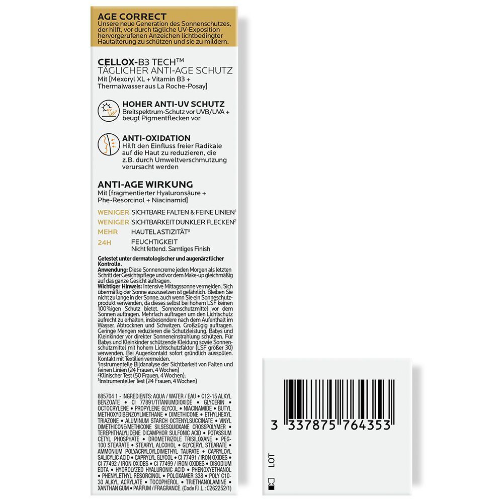 Rückseite der Anthelios Age Correct Verpackung. Enthält Produktinformationen, Inhaltsstoffe und Barcode.