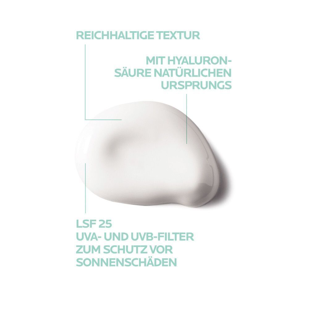 Weiße Creme auf weißem Untergrund. Text: Reichhaltige Textur, LSF 25, Hyaluronsäure.