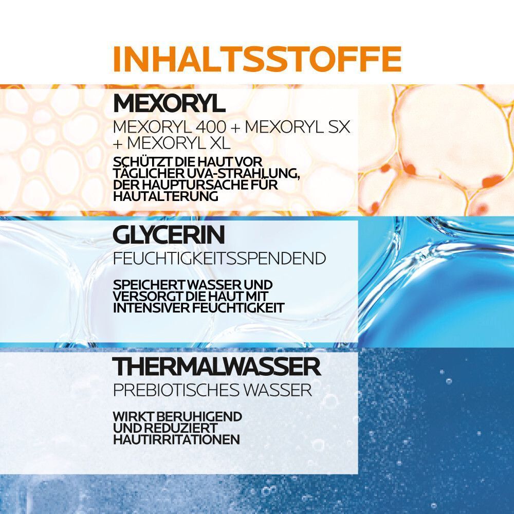 Text mit Inhaltsstoffen: Mexoryl, Glycerin, Thermalwasser. Schützt vor UVA-Strahlung und Hautalterung.