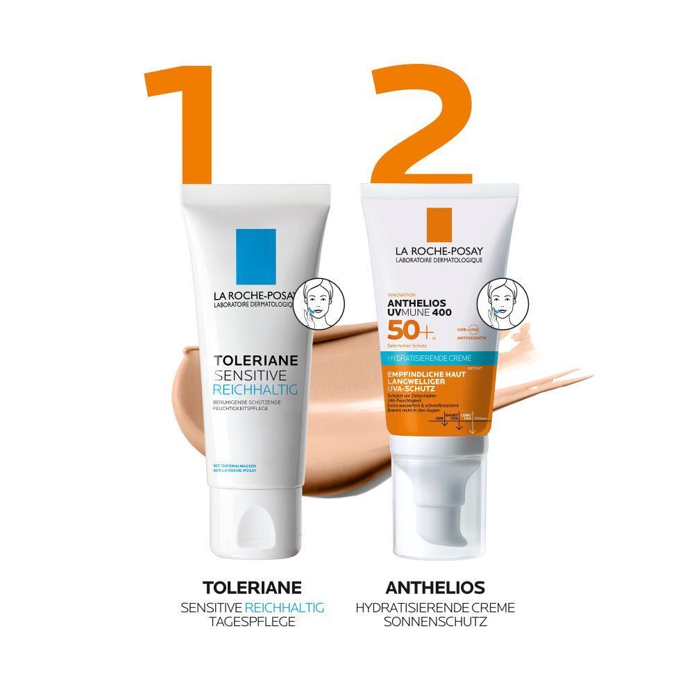 Vergleich: Toleriane Sensitive Reichhaltig und Anthelios hydratis.Cre.getönt LSF 50+. Sonnenschutzcreme.