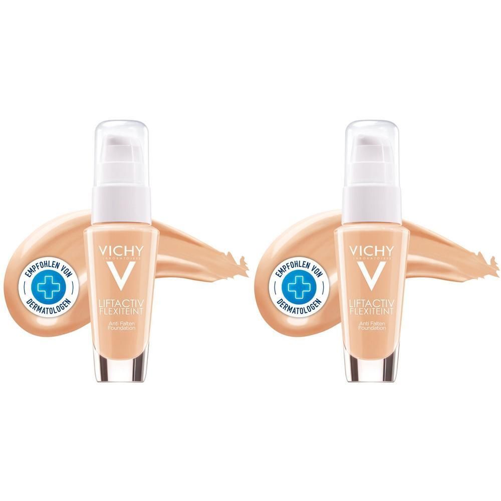 Zwei Flakons Vichy Liftactiv Flexiteint nude 25 mit Spender. Daneben Farbkleckse. Aufkleber: Empfohlen von Dermatologen.