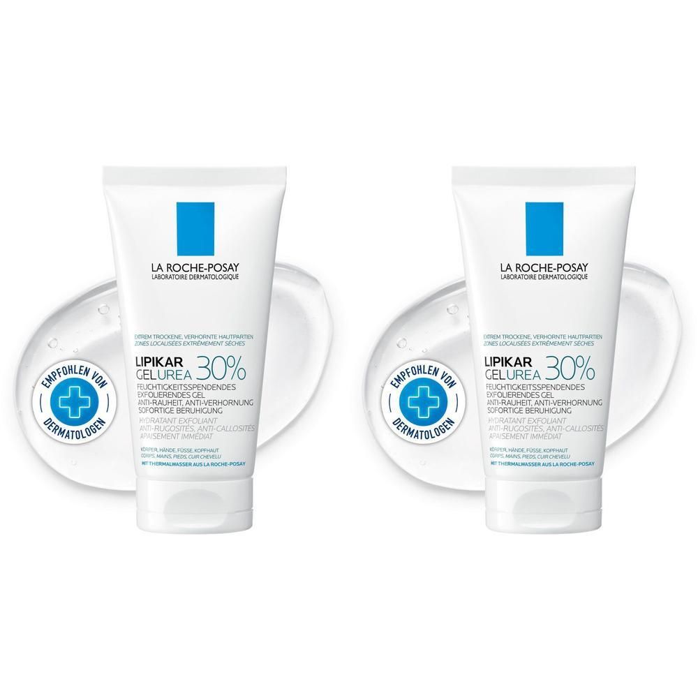 Zwei Tuben La Roche-Posay Lipikar Gel Urea 30%. Weiße Tuben mit blauem Quadrat und Text. Gel-Textur auf weißem Hintergrund.