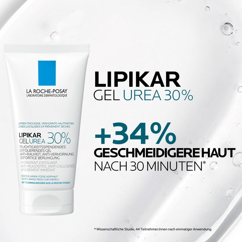 La Roche-Posay Lipikar Gel Urea 30% Tube. Text und Grafik. +34% geschmeidigere Haut nach 30 Minuten.