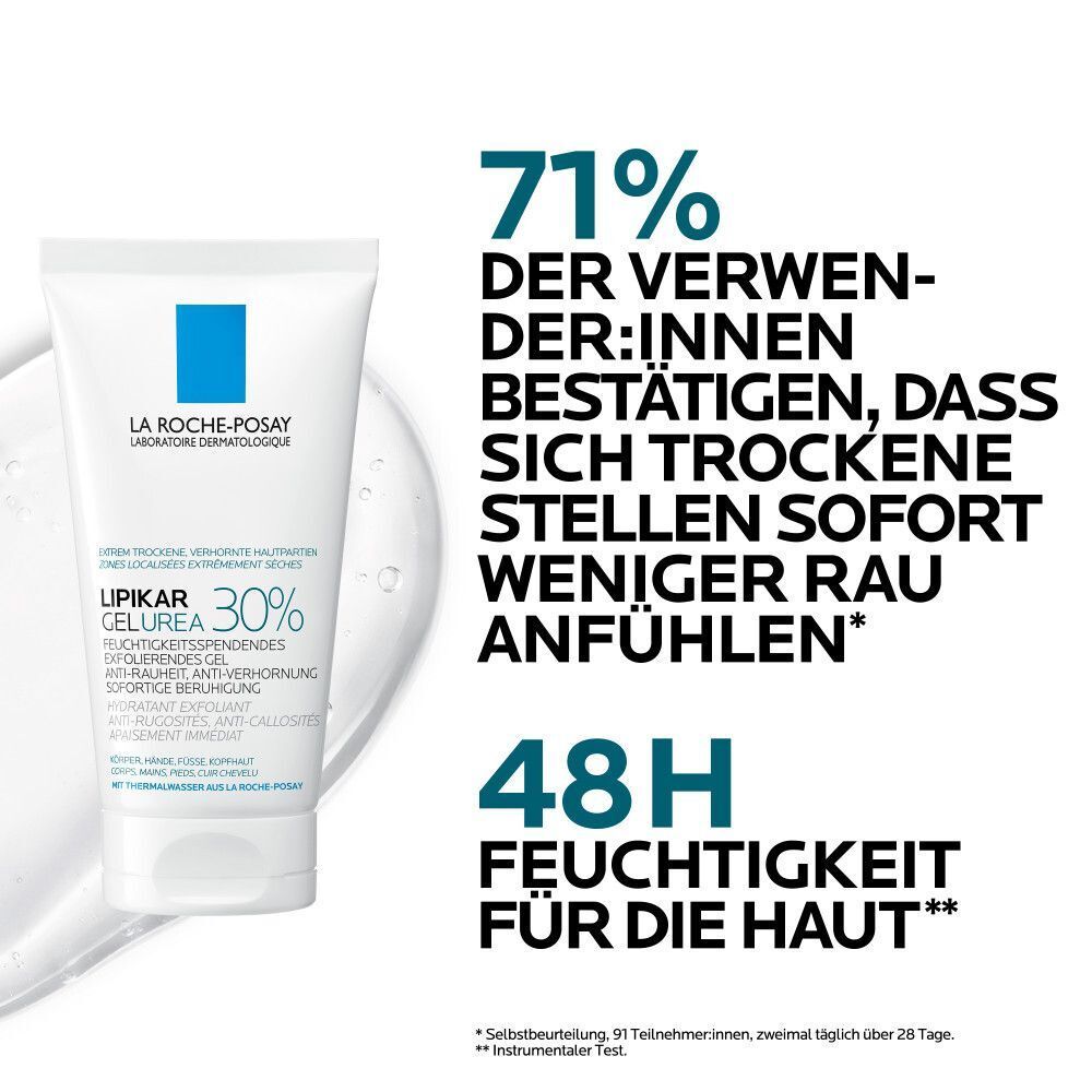 La Roche-Posay Lipikar Gel Urea 30% Tube. Text und Grafik. 71% bestätigen weniger raue Stellen. 48h Feuchtigkeit.