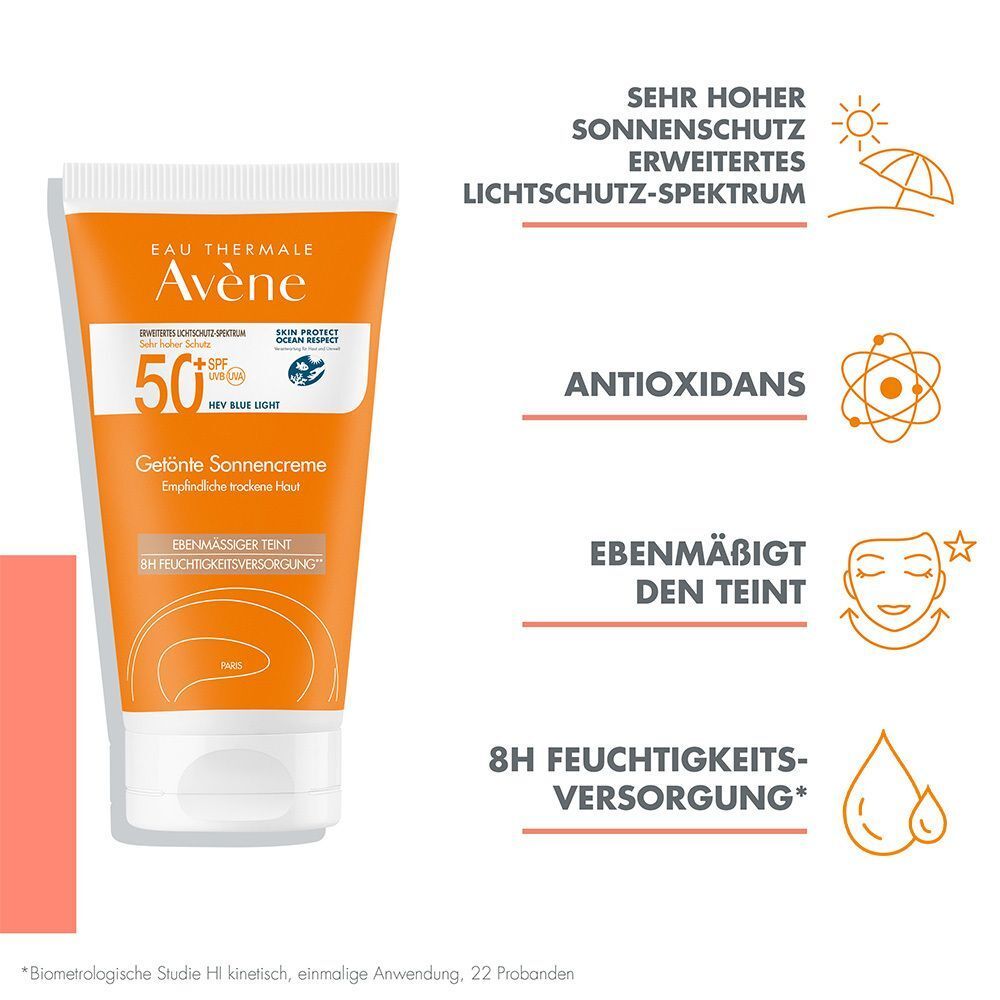 Eine Tube getönter Sonnencreme SPF 50+ von AVENE. Orangefarbene Tube mit weißem Verschluss. Text: 'Getönte Sonnencreme'.