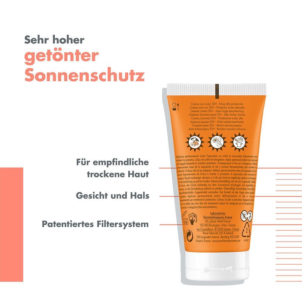 Rückseite einer Tube getönter Sonnencreme. Text: 'Für empfindliche trockene Haut'. Weitere Texte und Logos.
