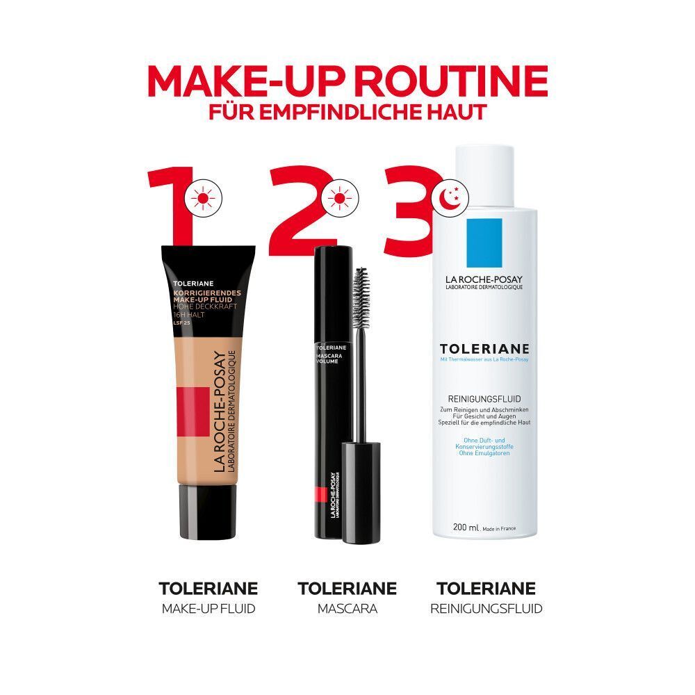 Make-up-Routine für empfindliche Haut. Produkte: Make-up-Fluid, Mascara, Reinigungsfluid, Marke La Roche-Posay.