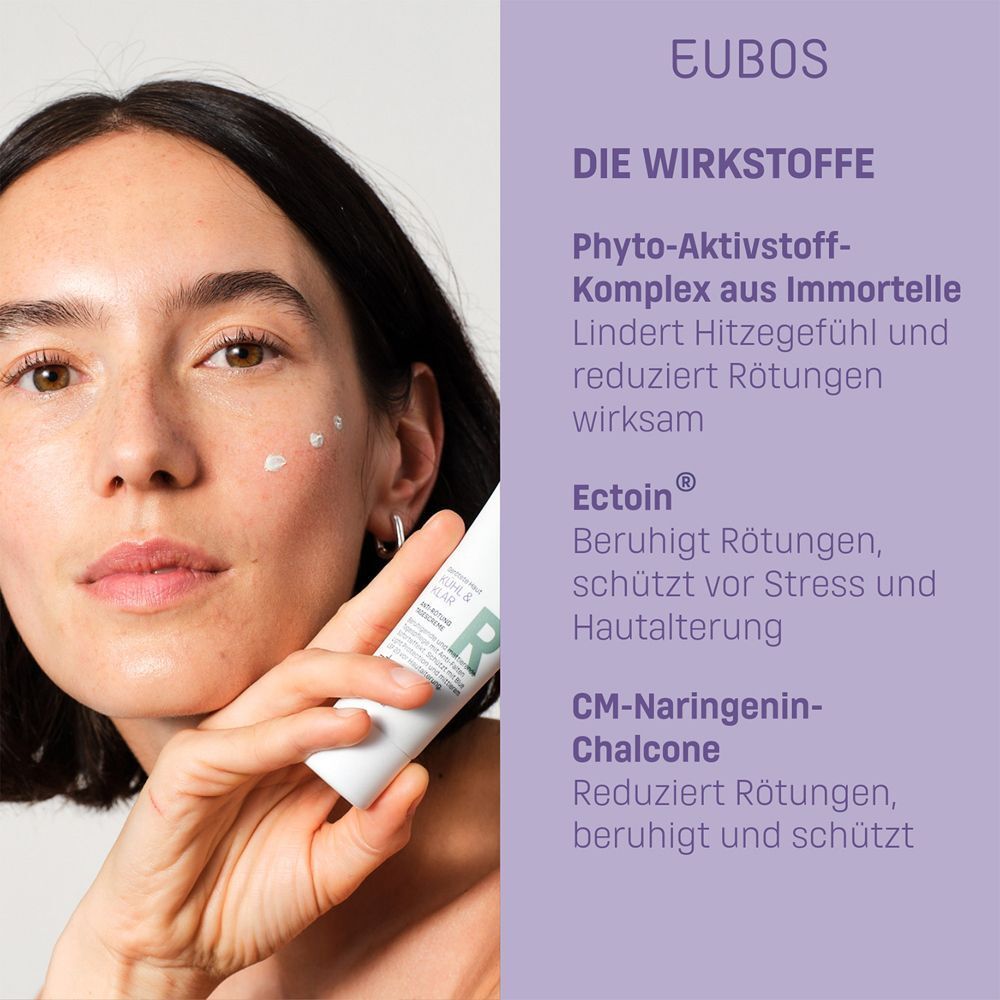 Frau hält EUBOS KÜHL & KLAR Anti-Rötung Tagescreme. Text: Wirkstoffe: Phyto-Aktivstoff-Komplex, Ectoin, CM-Naringenin-Chalcone.